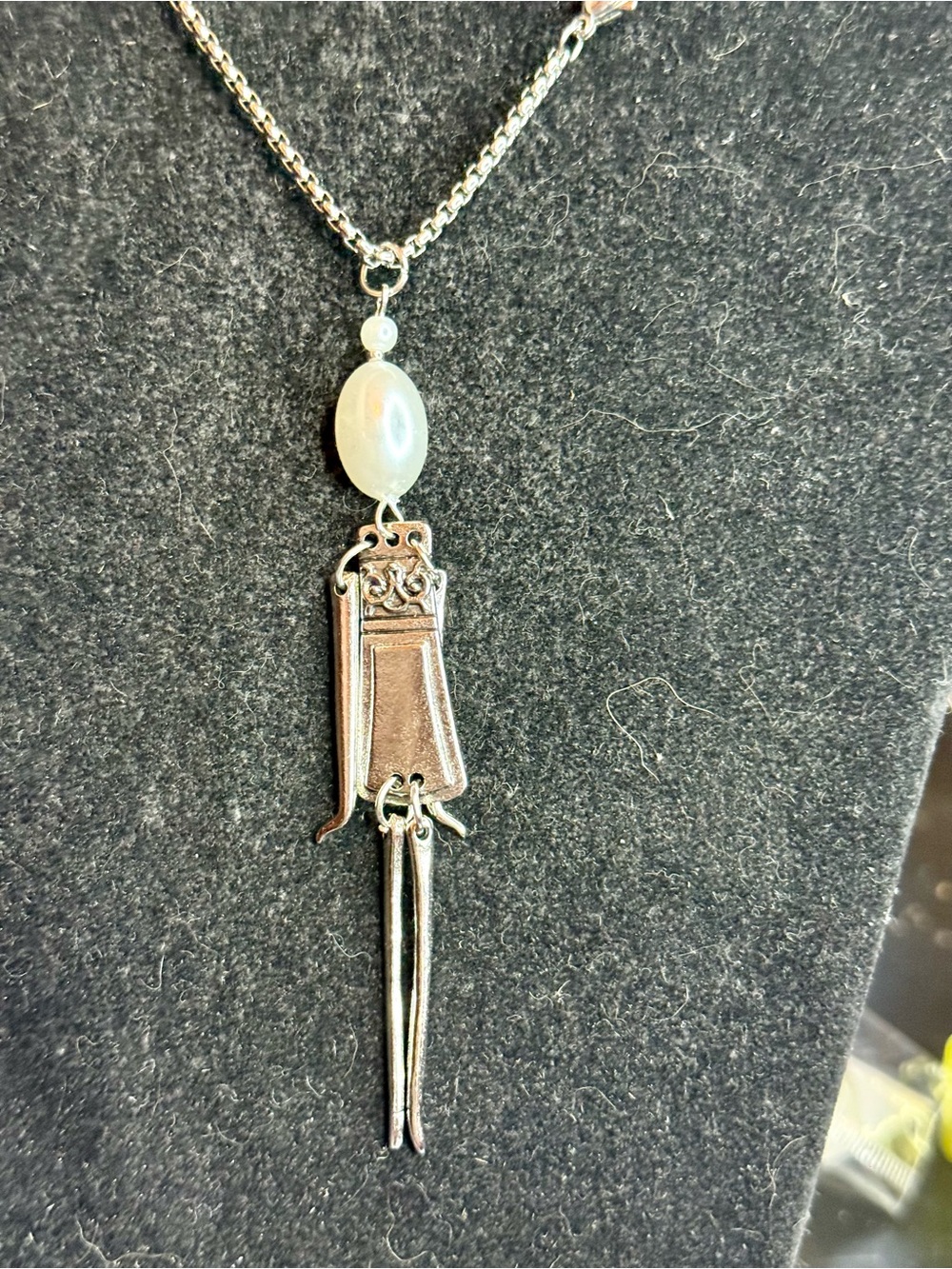 Silver-Tone Pendant Girlie Necklace with Pearl Accent and Ornate Drop